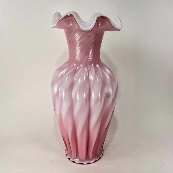 Vtg Fenton Vase Spiral Optic Glass White Cased 3161 Dusty Rose Pink 80s